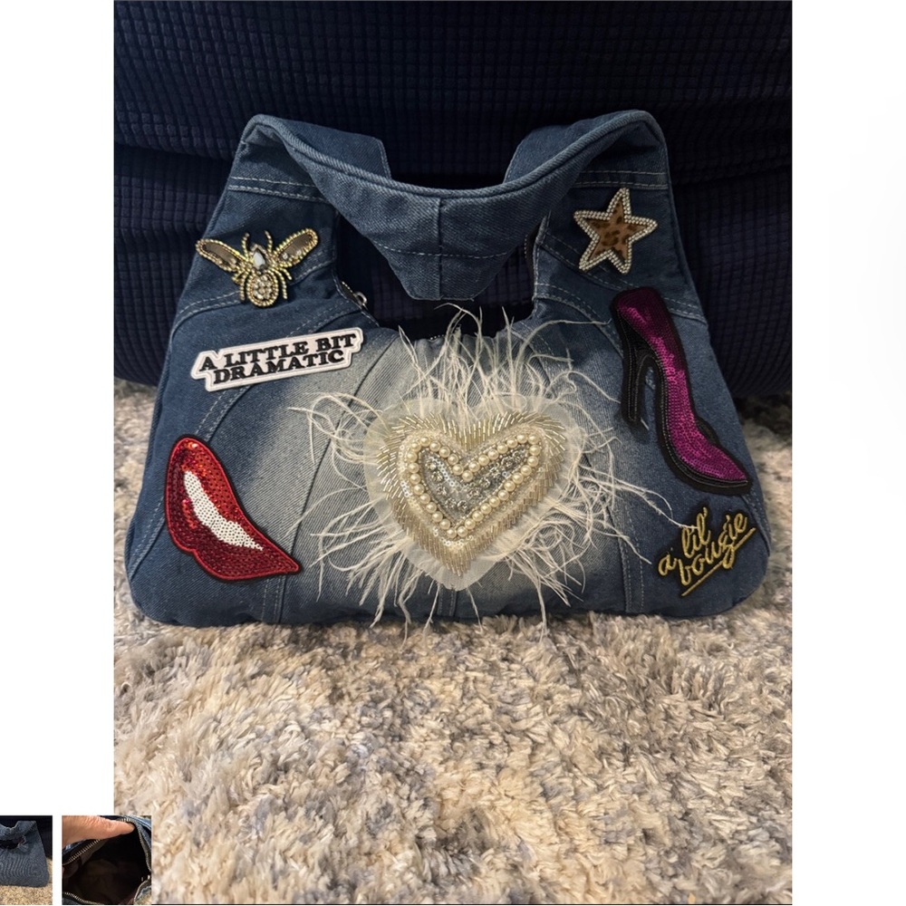 Denim Patchwork Shoulder Bag with Feathered Heart Accent